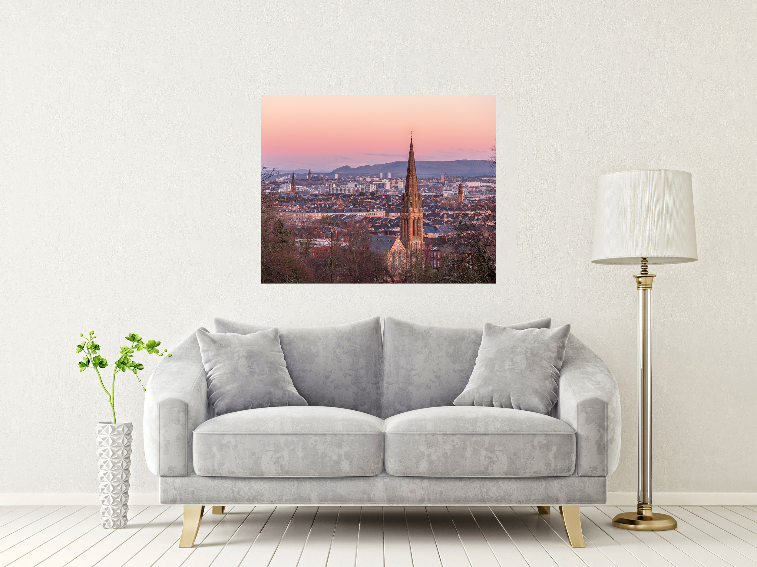City Skyline at Sunset with a Historic Church Spire in the Foreground Poster - Image 2