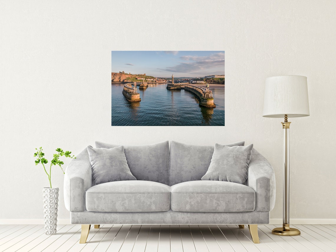 Whitby Harbour Yorkshire Pier Lighthouses Aerial Sunset Poster - Image 2