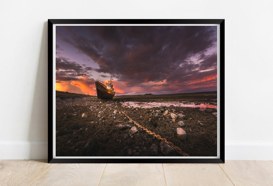 Roa Island Rampside Cumbria Beached Boat Stormy Sunset Print
