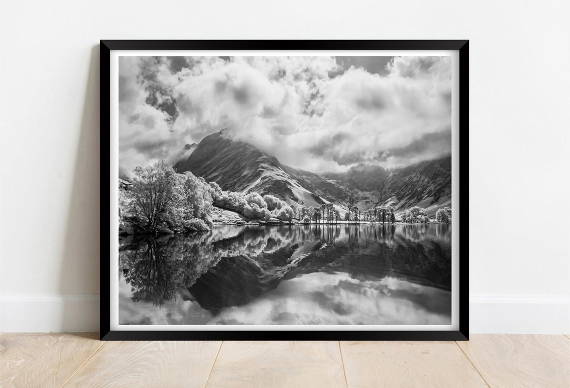 Buttermere Lake District Black And White Mountain Reflection Poster