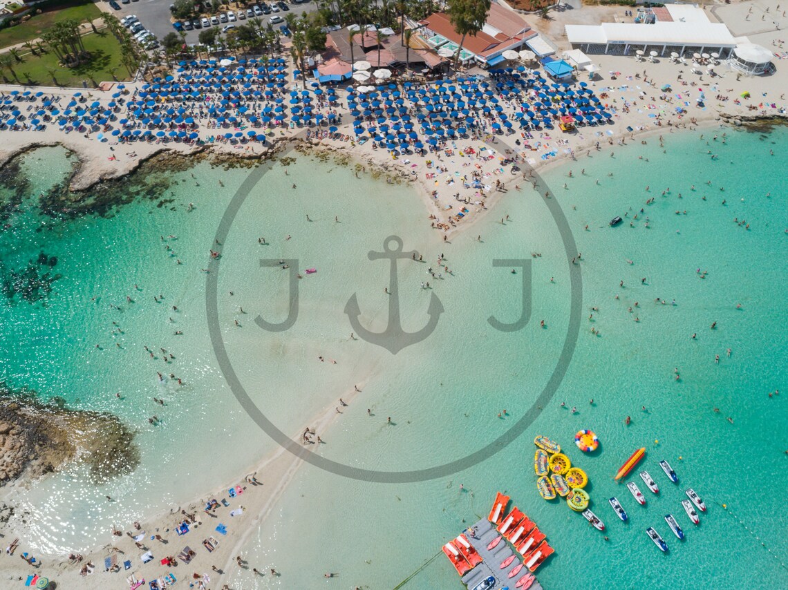 Nissi Beach Cyprus Aerial Turquoise Water Umbrellas Scene Poster - Image 3