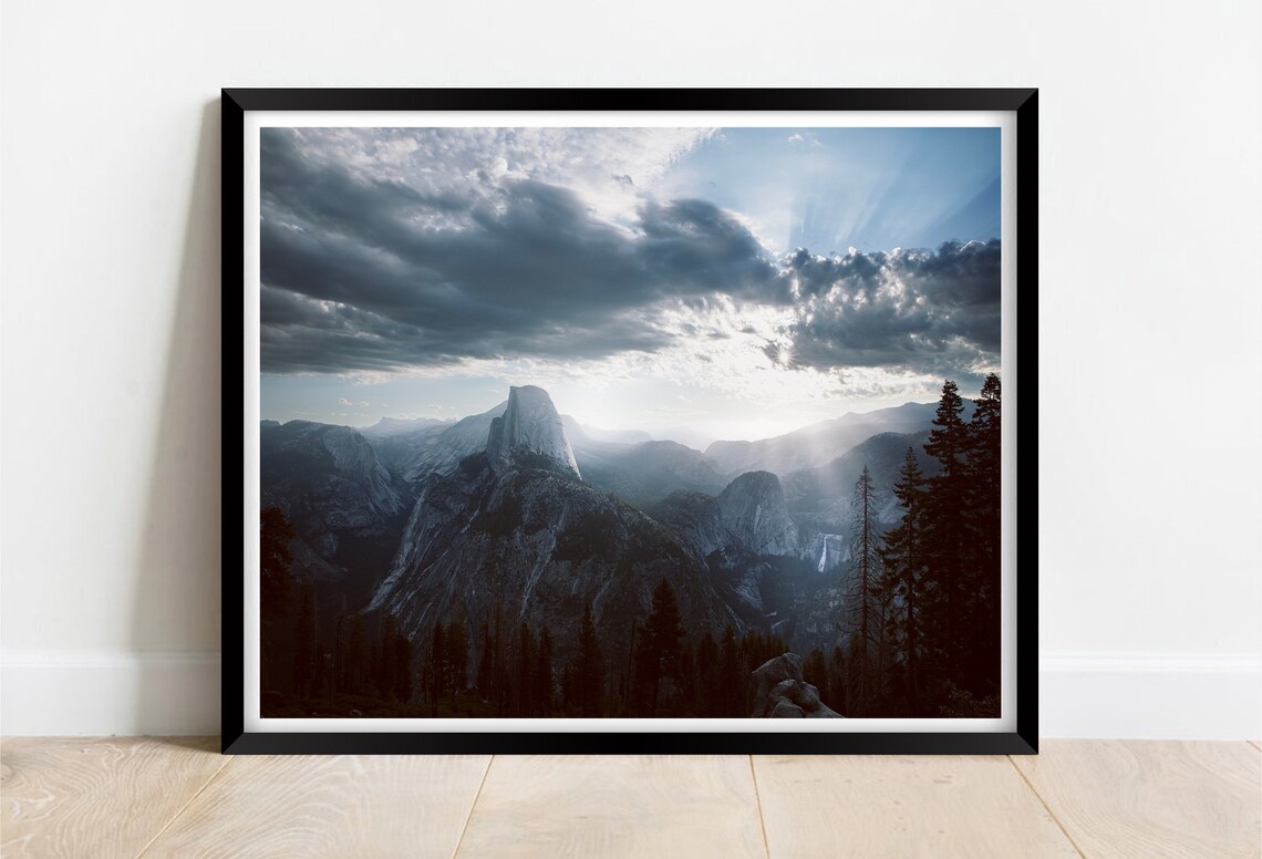 Yosemite Half Dome Dramatic Sunbeams Mountain Valley California Travel Poster
