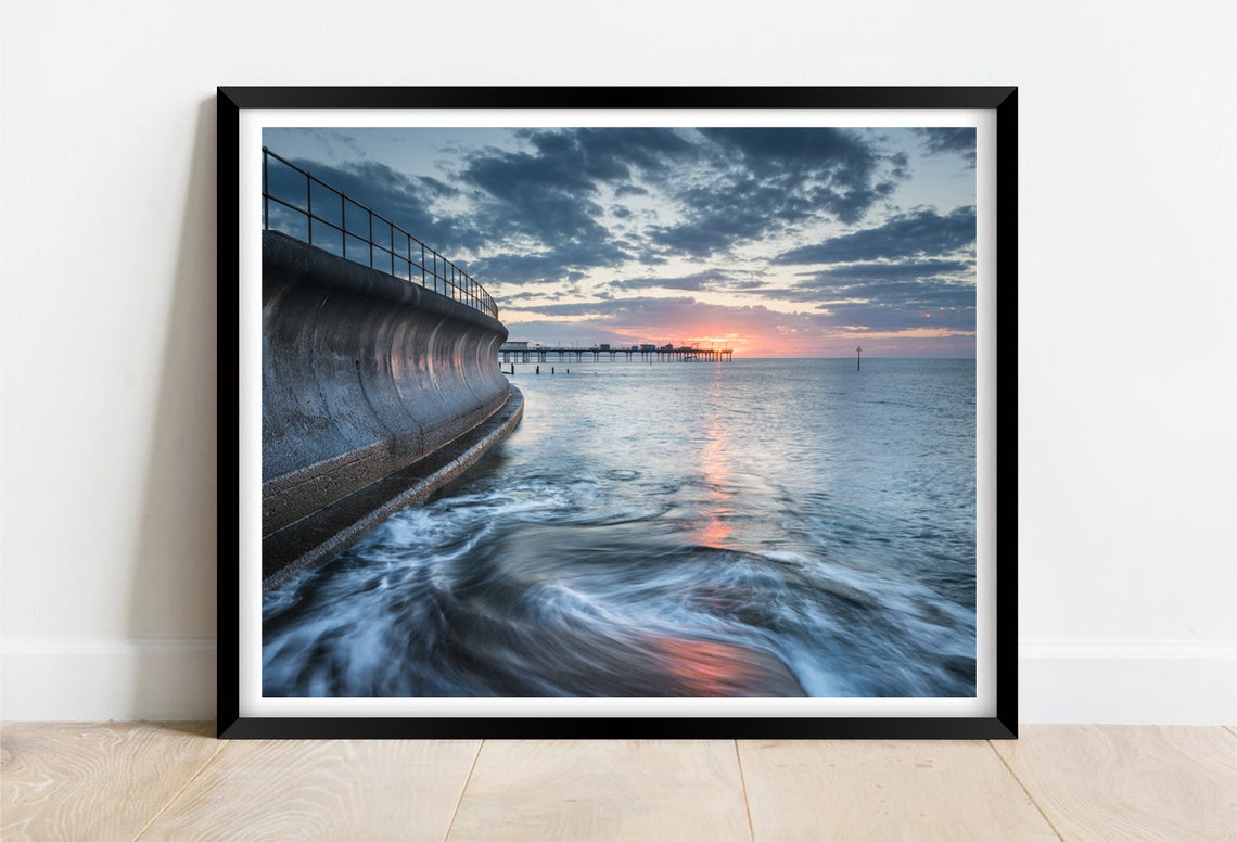 Teignmouth Devon Beach Pier Sunset Curved Sea Wall Glow Poster