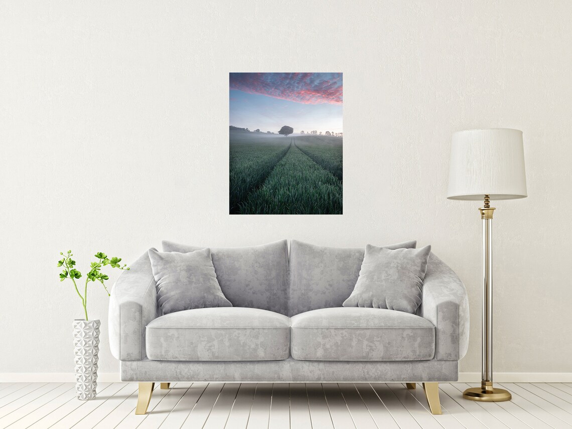 South Downs Hampshire Sunrise Misty Field Lone Tree Dawn Poster - Image 2