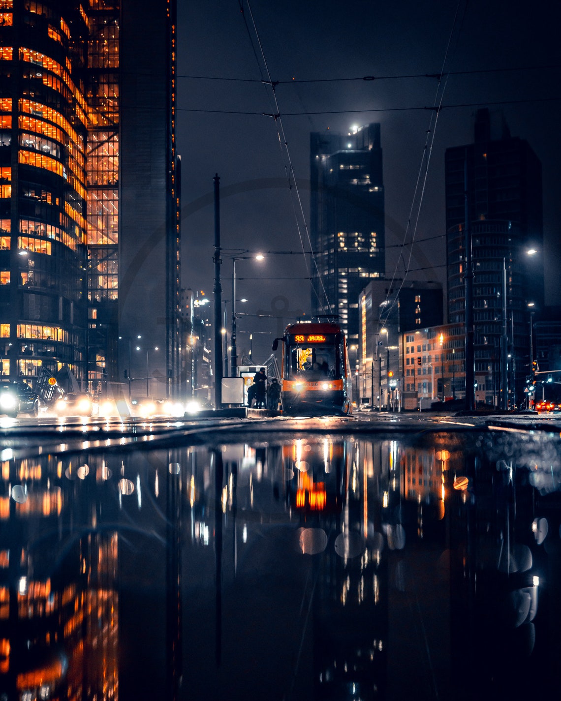 Warsaw Poland At Night Tram Wet Street City Lights Reflection Poster - Image 3