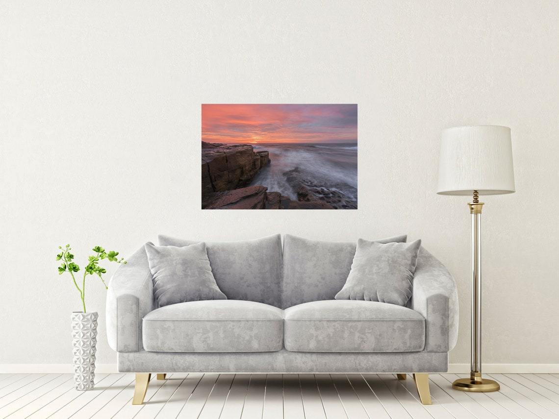 Newbiggin Beach Cumbria Sandstone Cliffs Sunset Seascape Print - Image 2