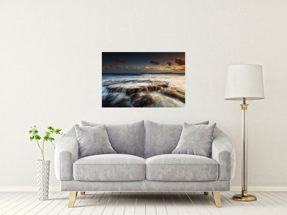 Osmington Bay Waves Over Rocky Shore At Sunset Dorset Poster - Image 2