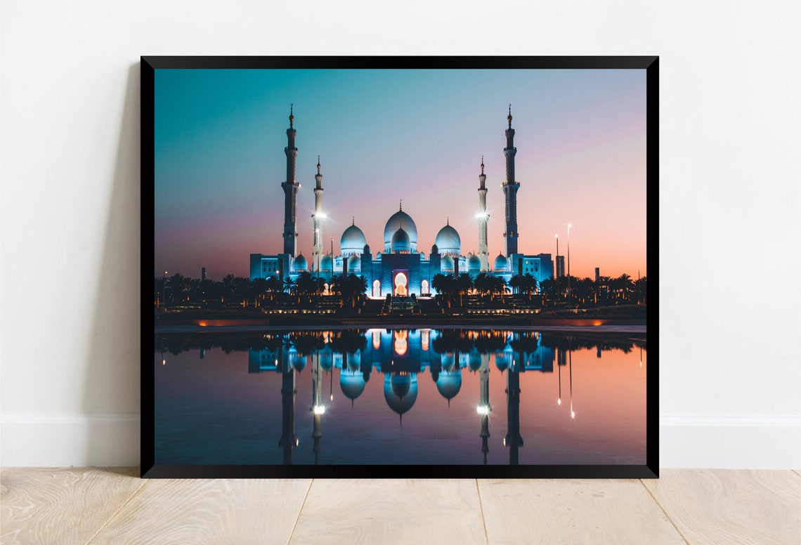 Sheikh Zayed Grand Mosque Abu Dhabi Dusk Reflection Skyline Poster - Image 2