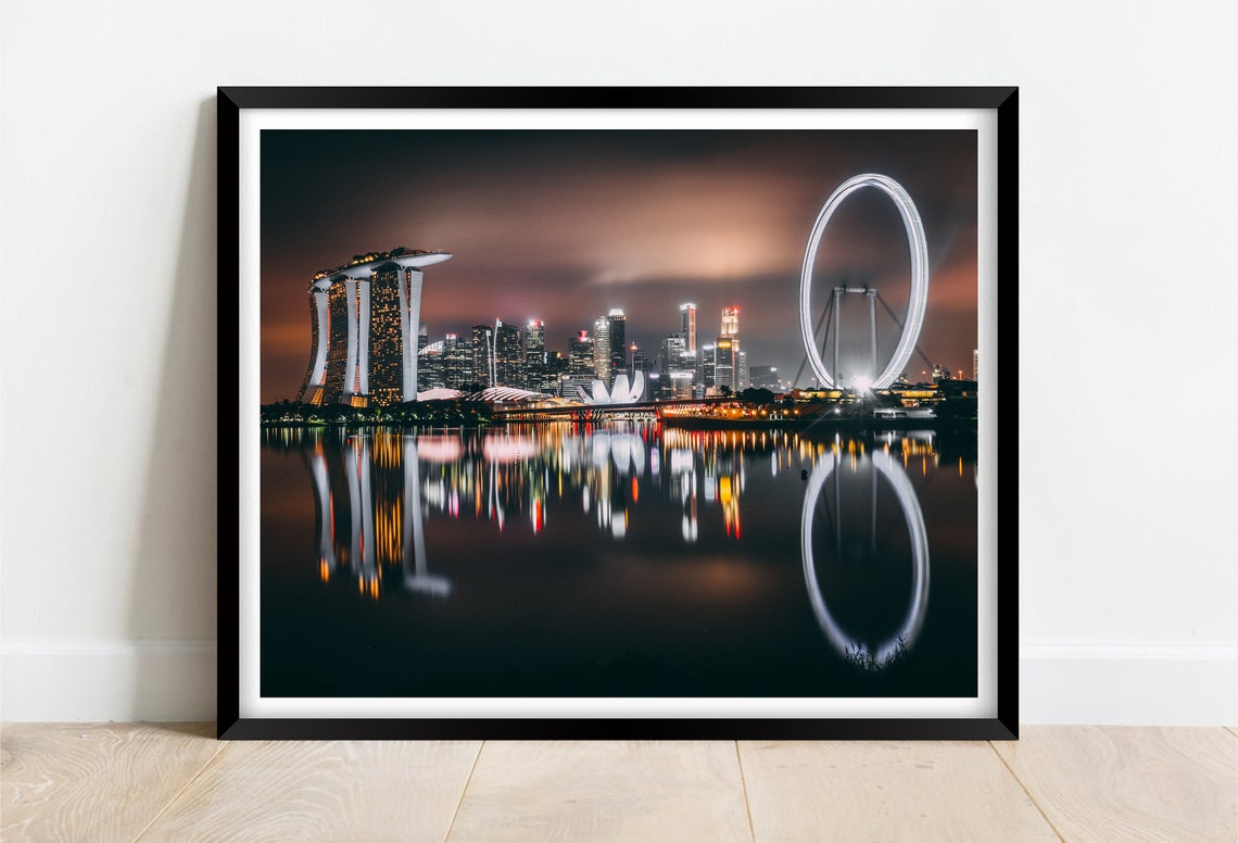 Singapore Marina Bay Night Skyline with Flyer Reflections Poster