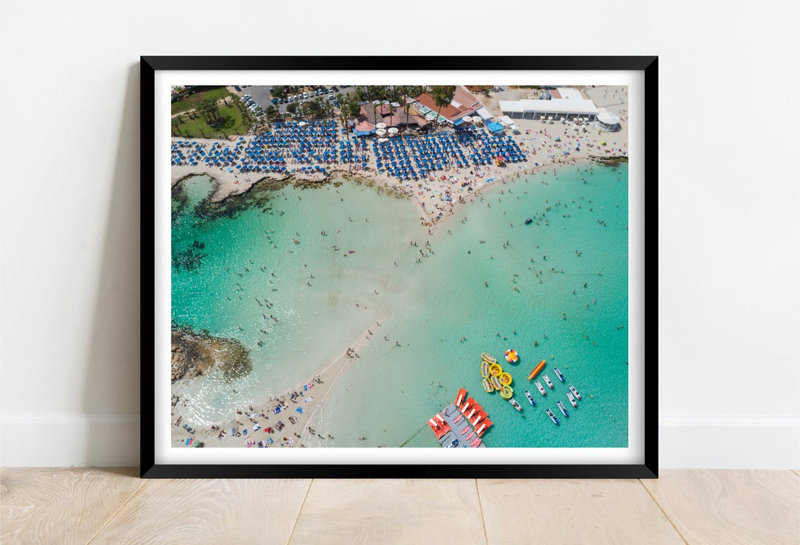 Nissi Beach Cyprus Aerial Turquoise Water Umbrellas Scene Poster
