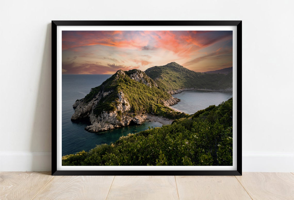 Corfu Greece Sunset Sea with Green Headland Pink Clouds Poster
