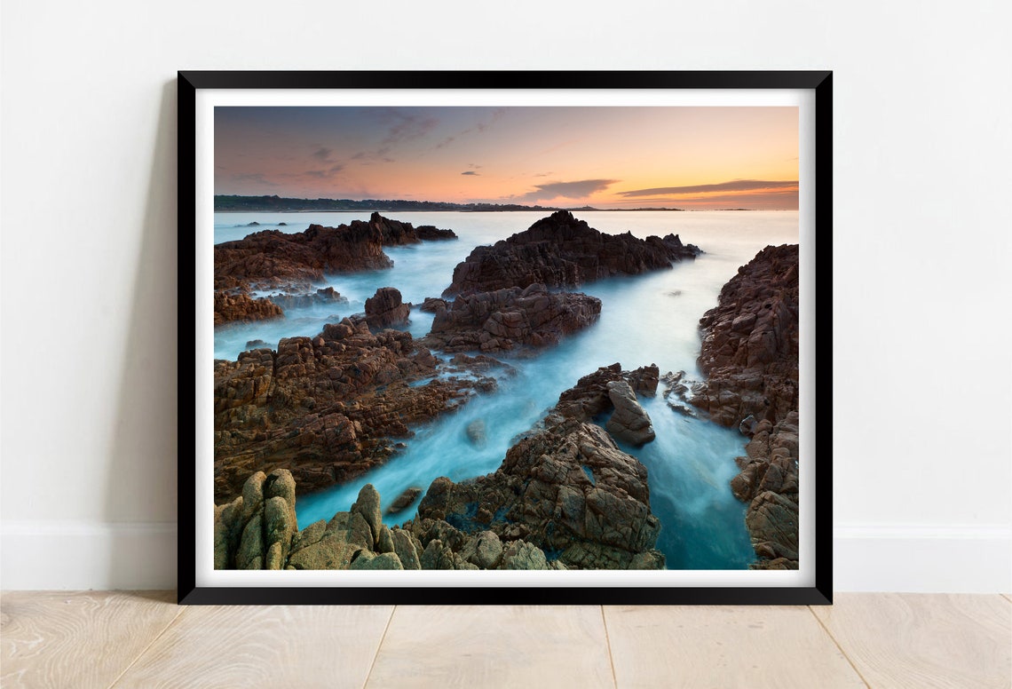 Vazon Bay Guernsey Granite Rocks Sunset Long Exposure Poster