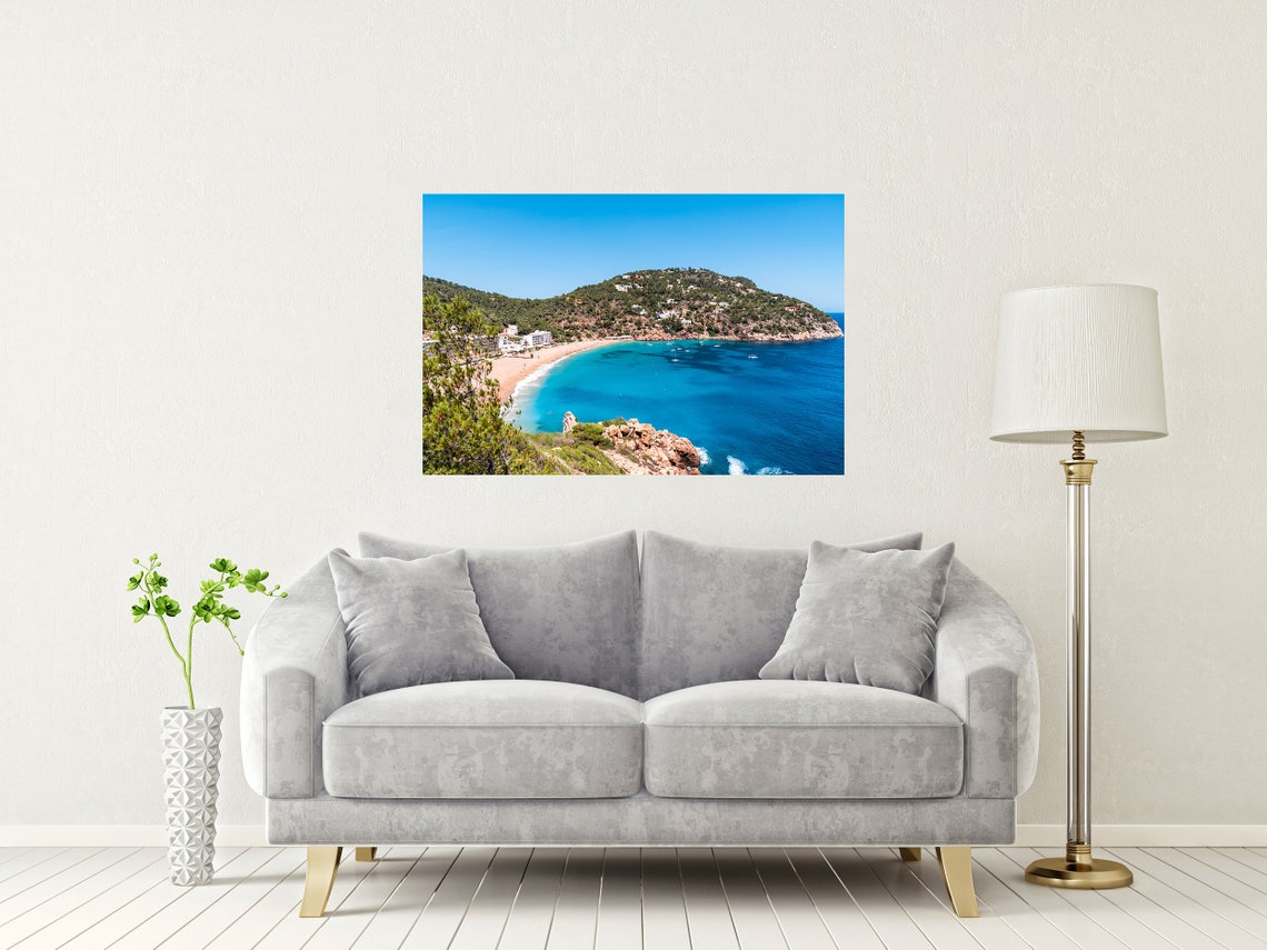 Cala Sant Vicent Ibiza Beach Cove with Green Hills and Pines Poster - Image 2