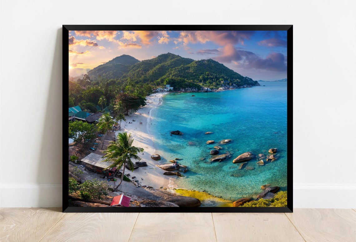 Tropical Island Cove Sunset Palms Turquoise Water Boulders Poster - Image 2