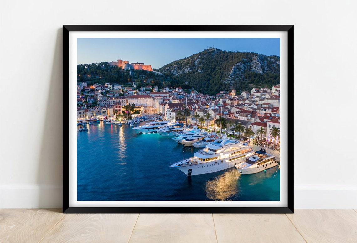 Hvar Harbour Croatia at Night with Yachts and Lit Fortress Poster