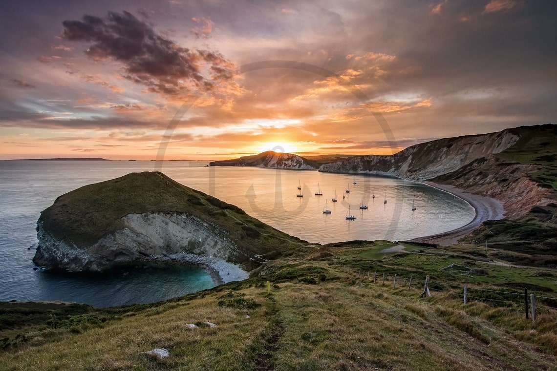 Worbarrow Bay Sunset Sailboats In Sheltered Cove Dorset Poster - Image 3