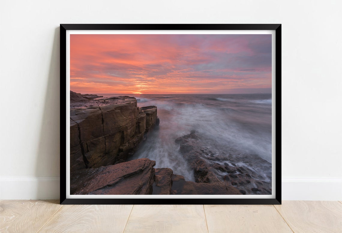 Newbiggin Beach Cumbria Sandstone Cliffs Sunset Seascape Print