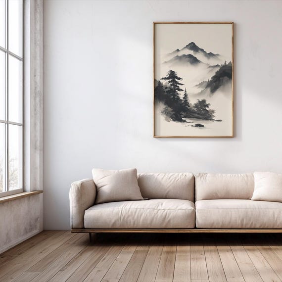 Misty Mountain Landscape Print Watercolor Nature Wall Art Serene Forest Home Decor Prints