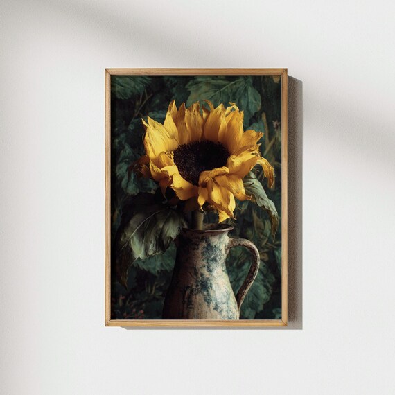 Vintage Sunflower in Ceramic Pitcher Floral Still Life Poster