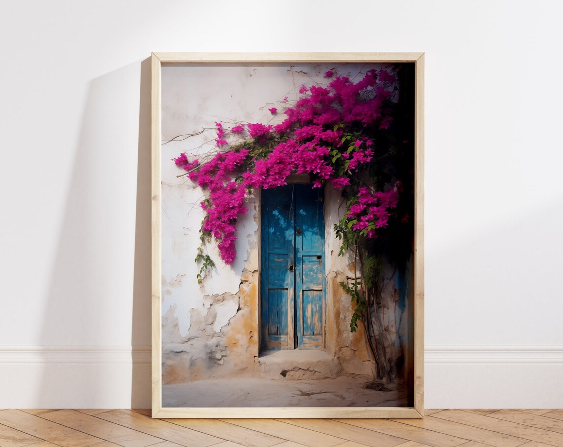 Blue Door With Bougainvillea, Vintage Floral Art