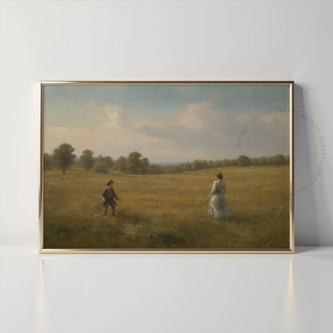 Golden Wheat Field Walkers Pastoral Landscape Vintage Art Print