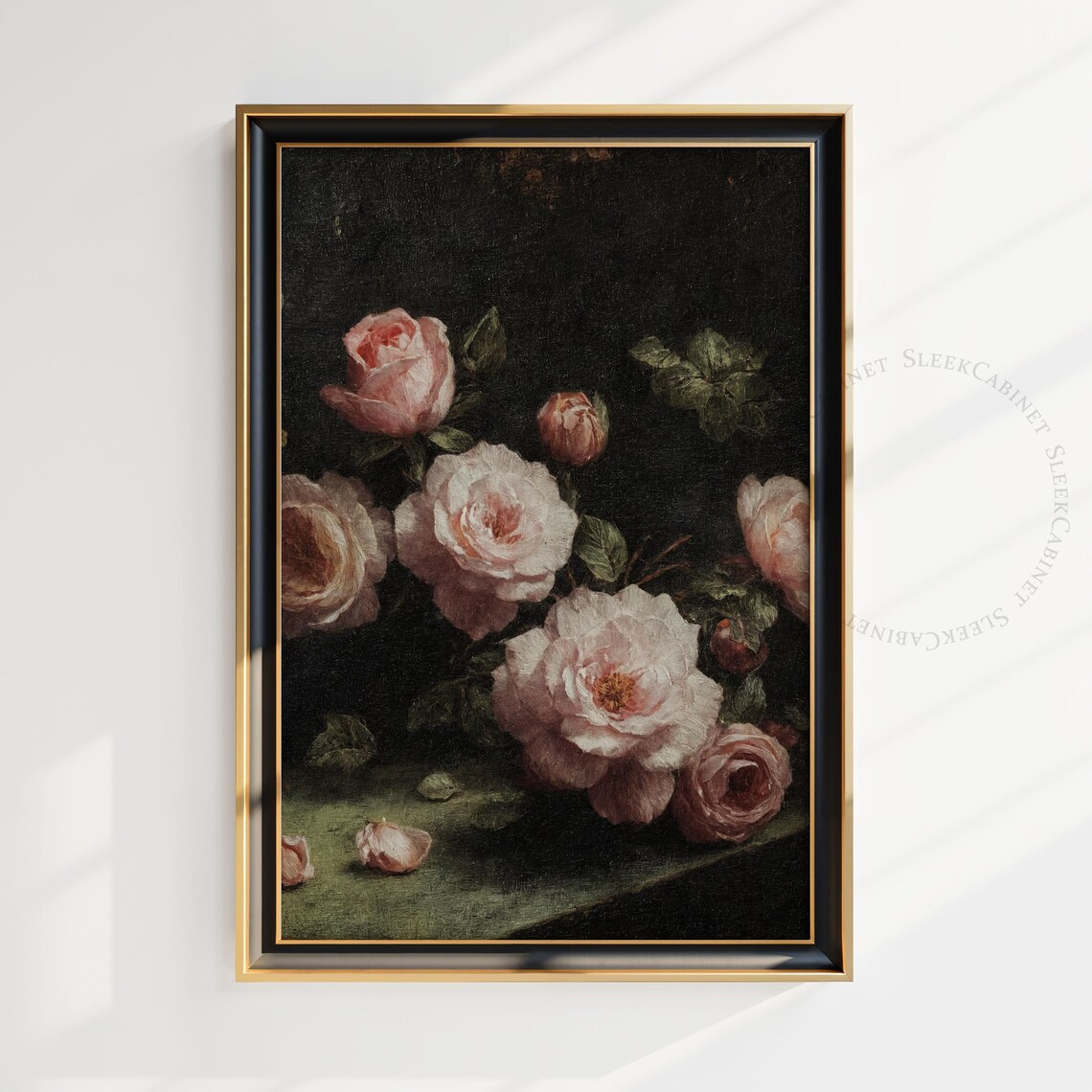 Moody Vintage Blush Roses Still Life Dark Floral Oil Painting Poster