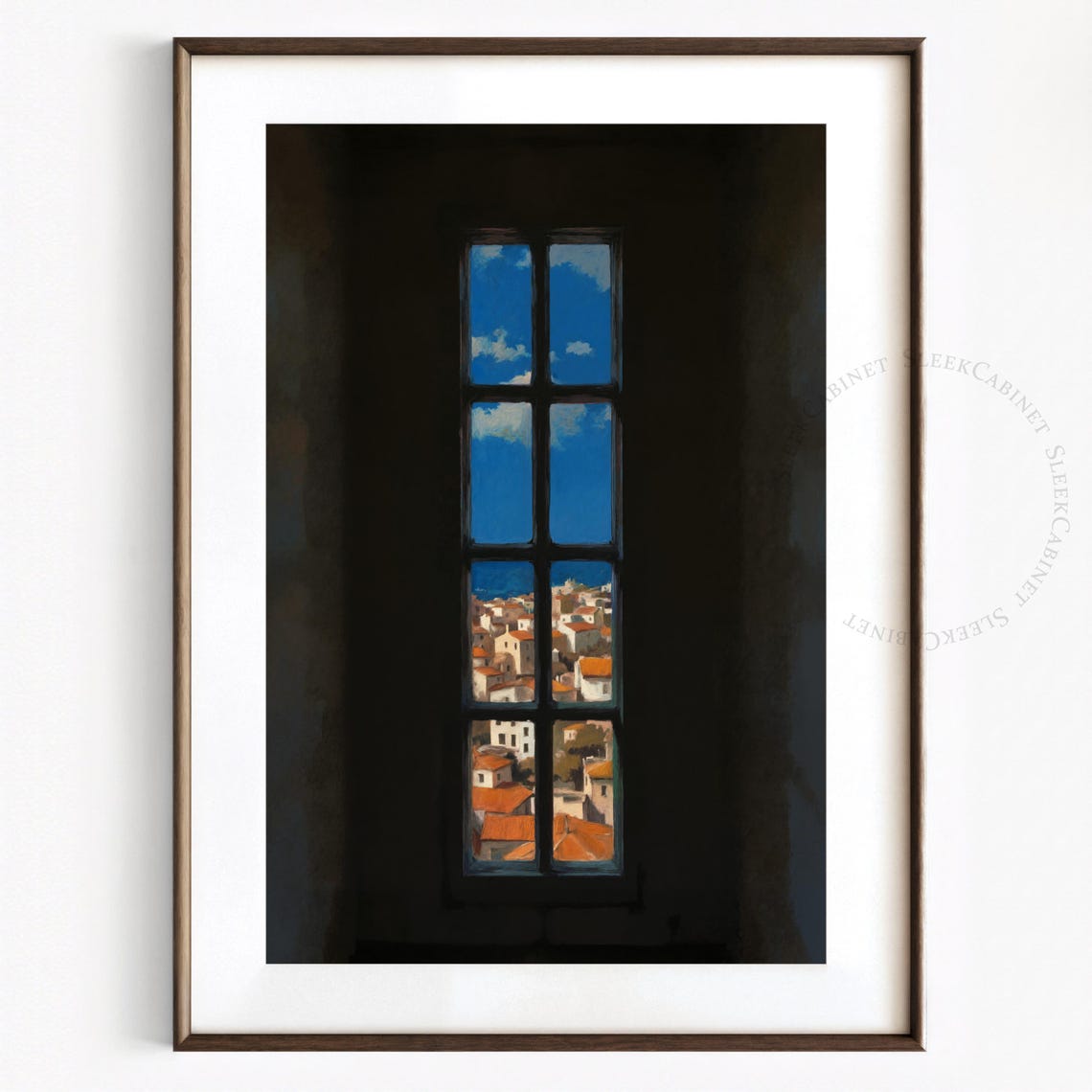 Dark Window View Mediterranean Coastal Town Red Roofs Art Poster - Image 2
