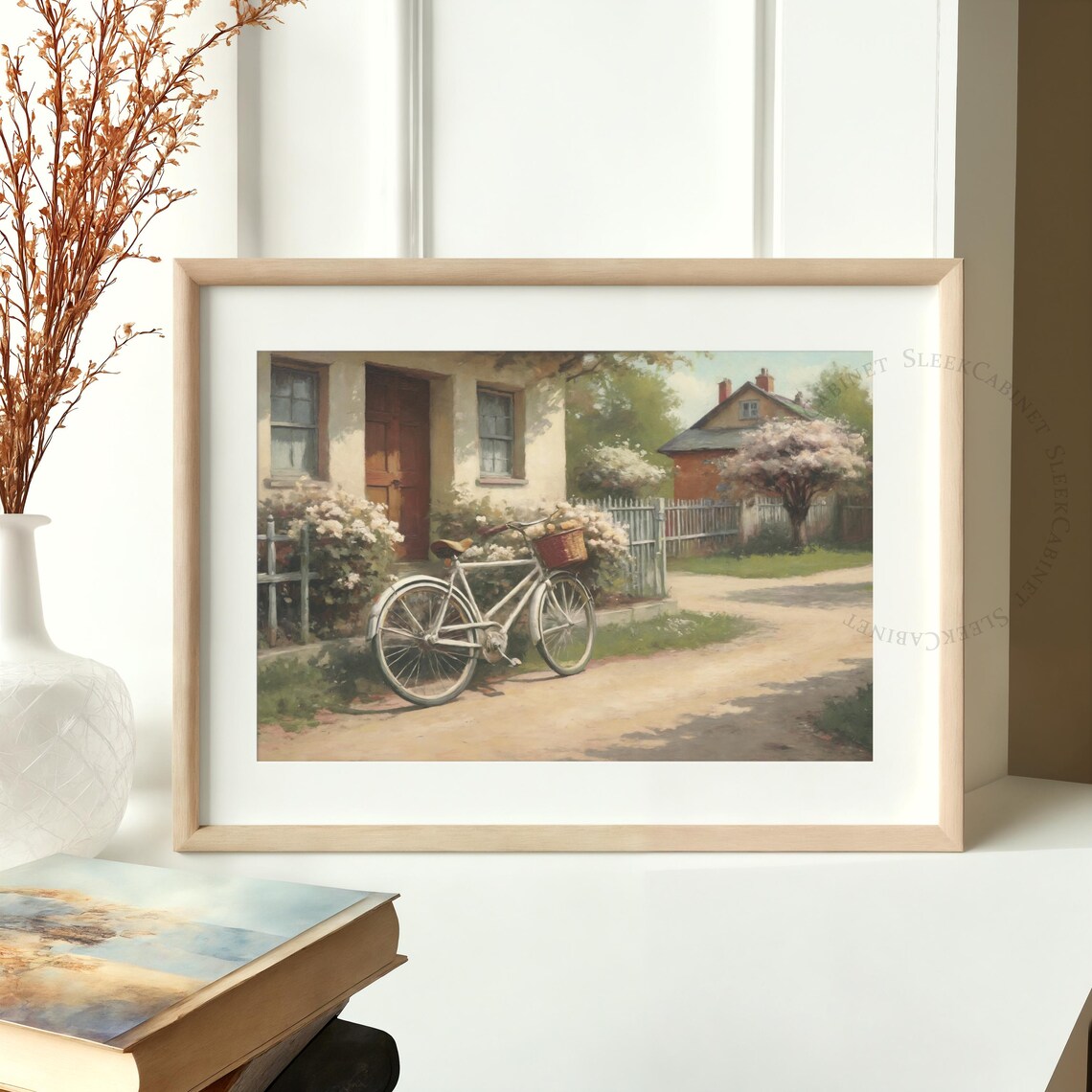 Bicycle In The Village Street Vintage Oil Painting Art Print - Image 2