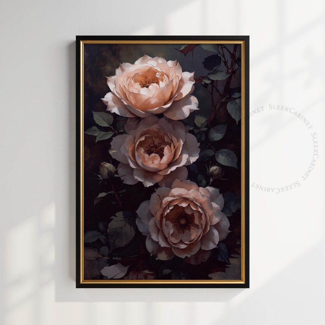 Three Glowing Peach Roses Dark Vintage Floral Oil Painting Poster