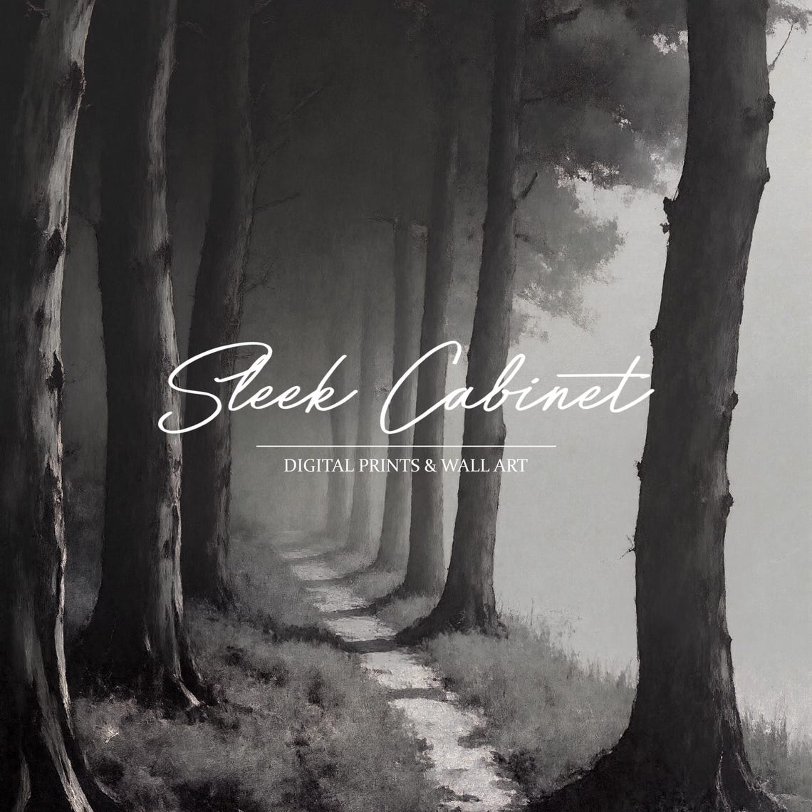 Black and White Misty Forest Path Trees Moody Nature Art Poster - Image 4