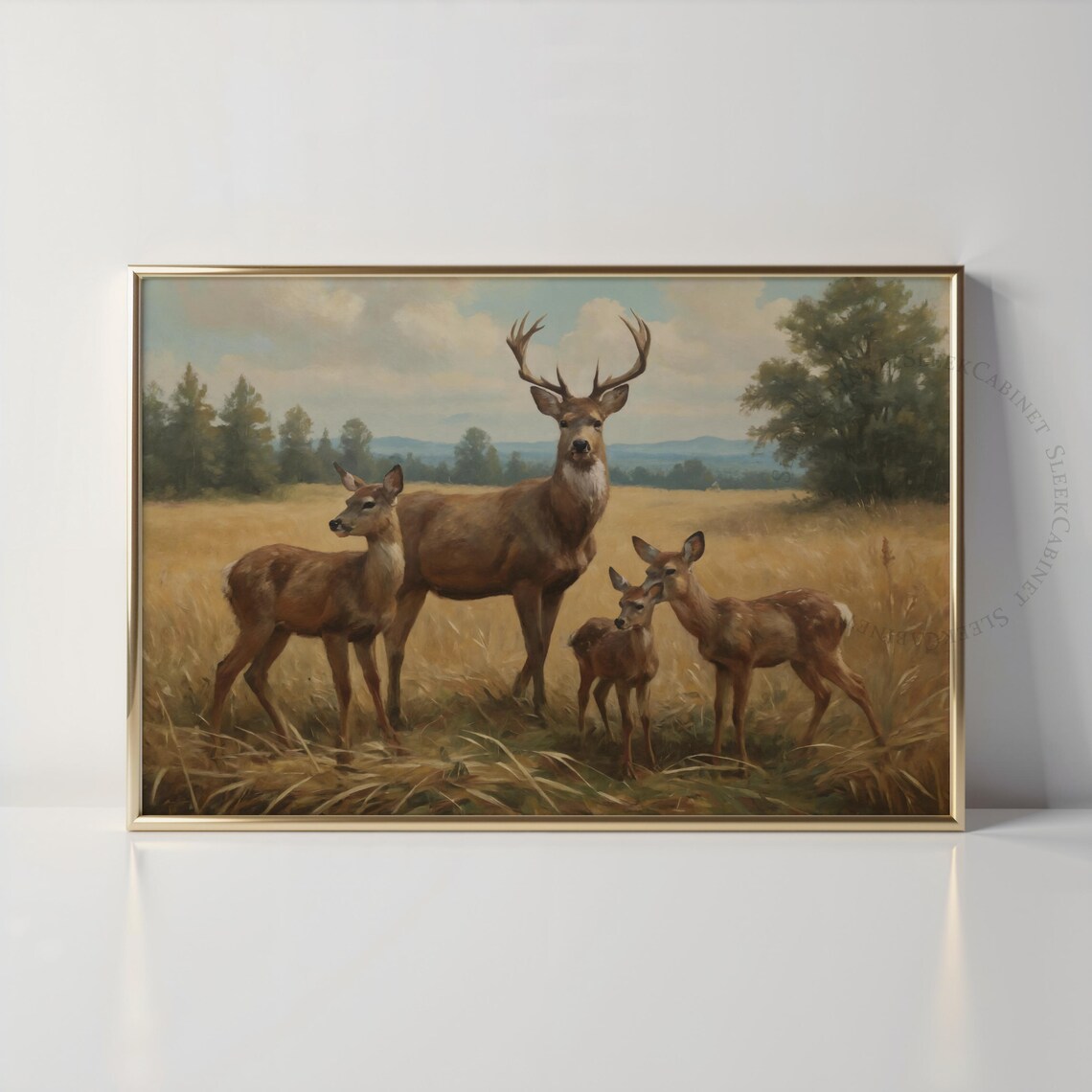 Deer Family Pastoral Hunting Print, Farmhouse Wildlife