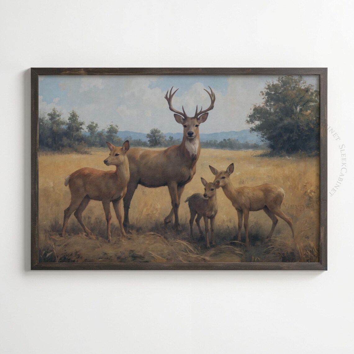 Deer Family Stag Does Fawn Golden Meadow Vintage Wildlife Poster - Image 2