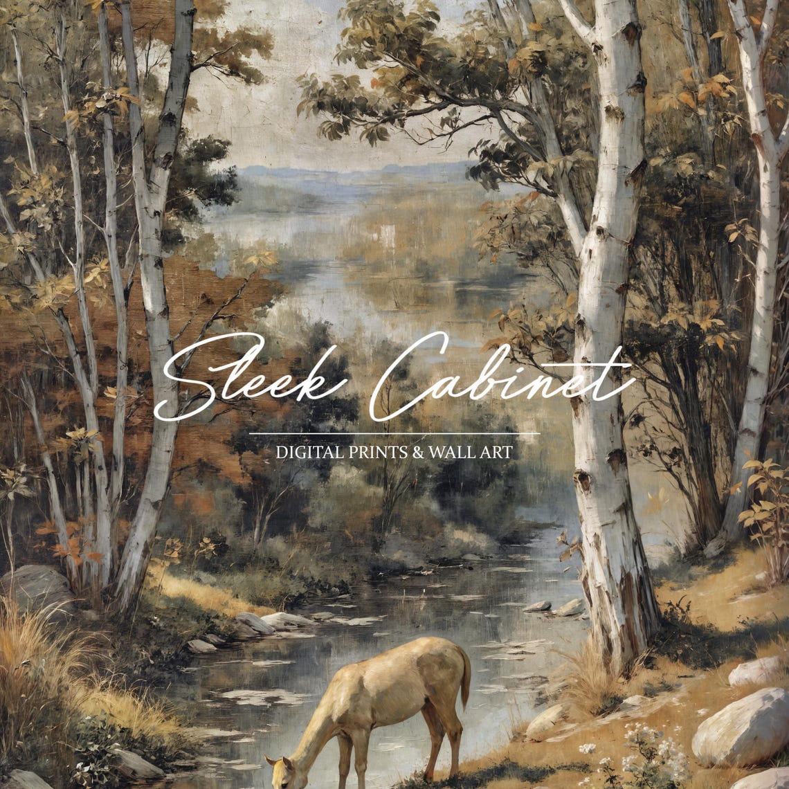 Deer Drinking Forest Stream Birch Trees Nature Painting Poster - Image 4