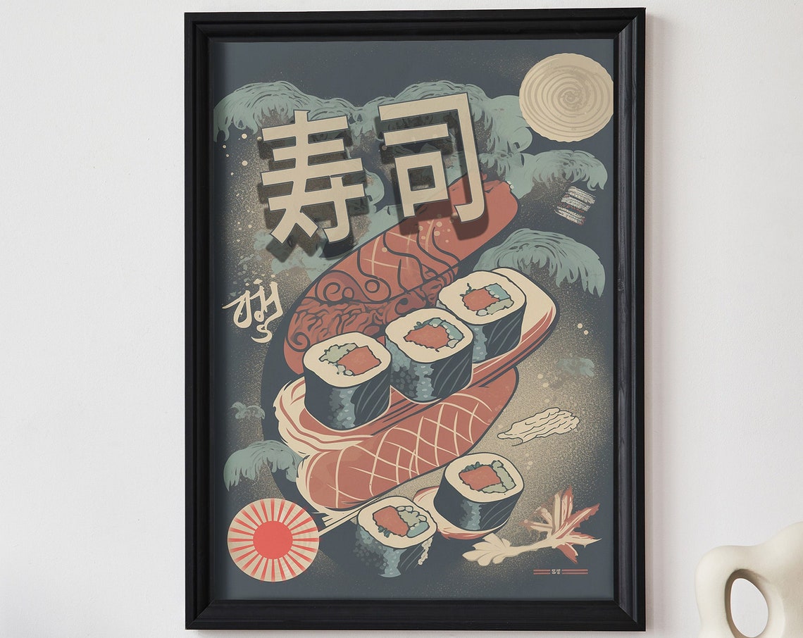 Retro Japanese Sushi Maki Rolls Ocean Wave Design Wall Poster