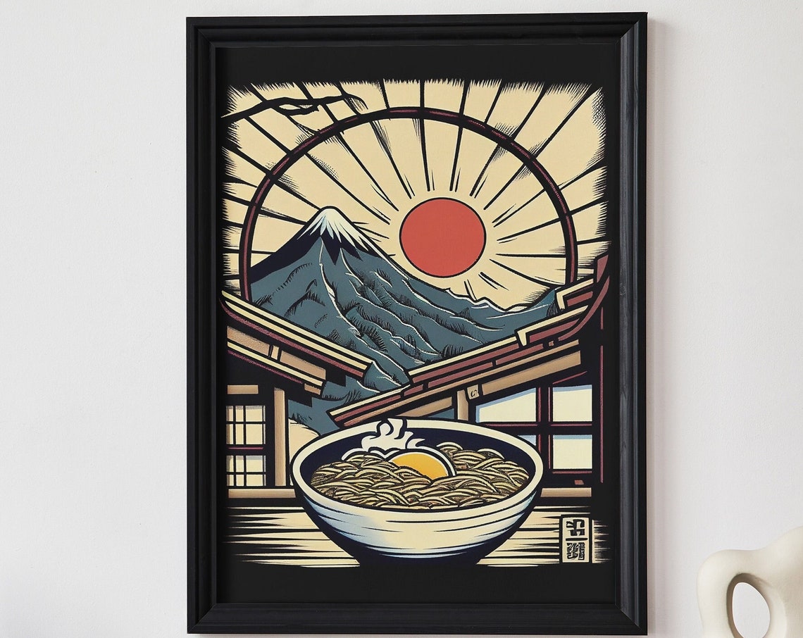 Ramen Bowl Mount Fuji Red Sun Japanese Woodblock Style Art Poster