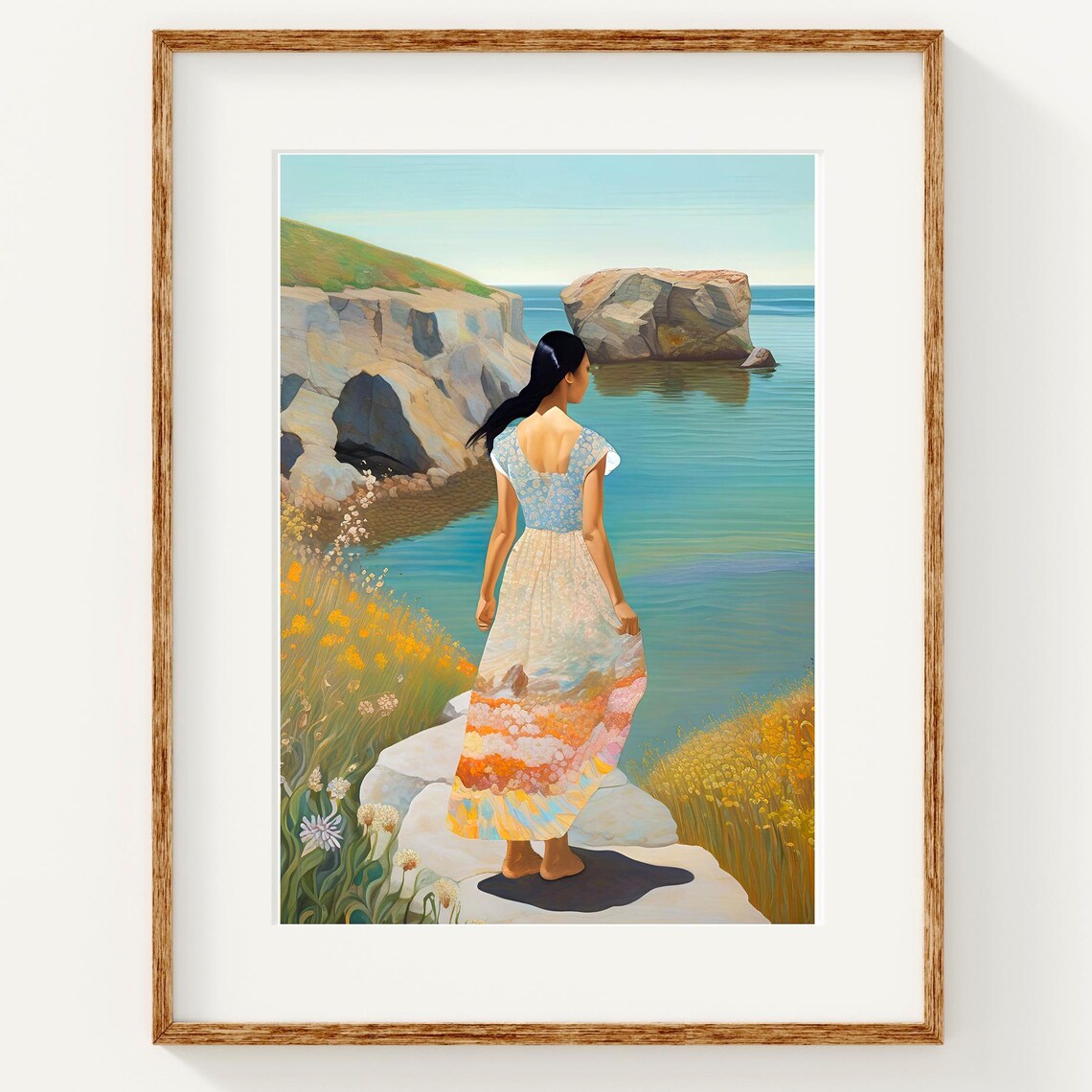 Woman Standing On Pale Rocks Calm Sea Coastal Scenic Art Poster