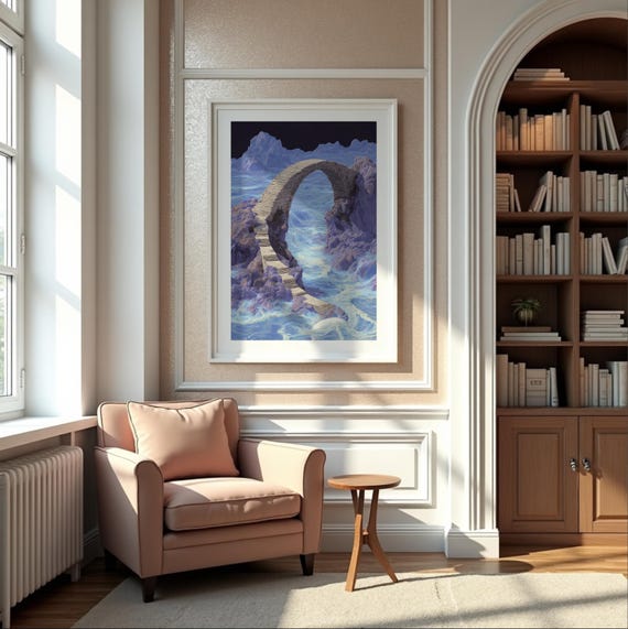 Mystic Bridge Surreal Fantasy Wall Art Print Dreamscape Stone Path Poster