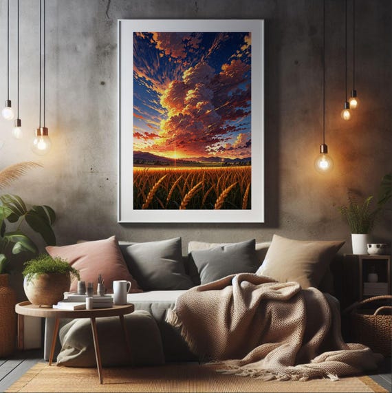 Anime Sunset Landscape Golden Wheat Field Art Print