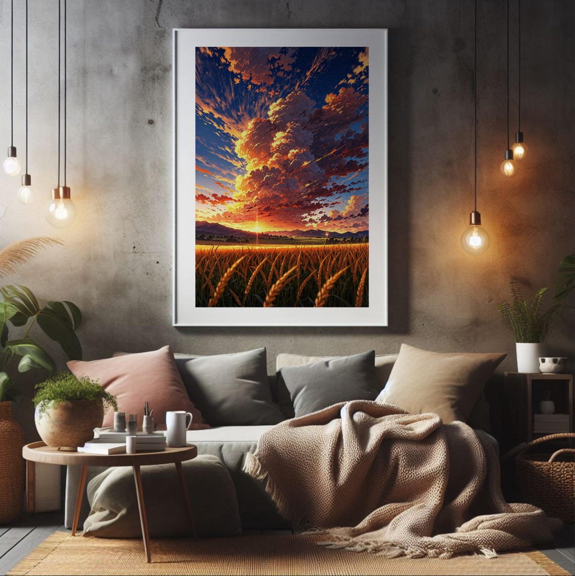 Anime Sunset Landscape Golden Wheat Field Art Print