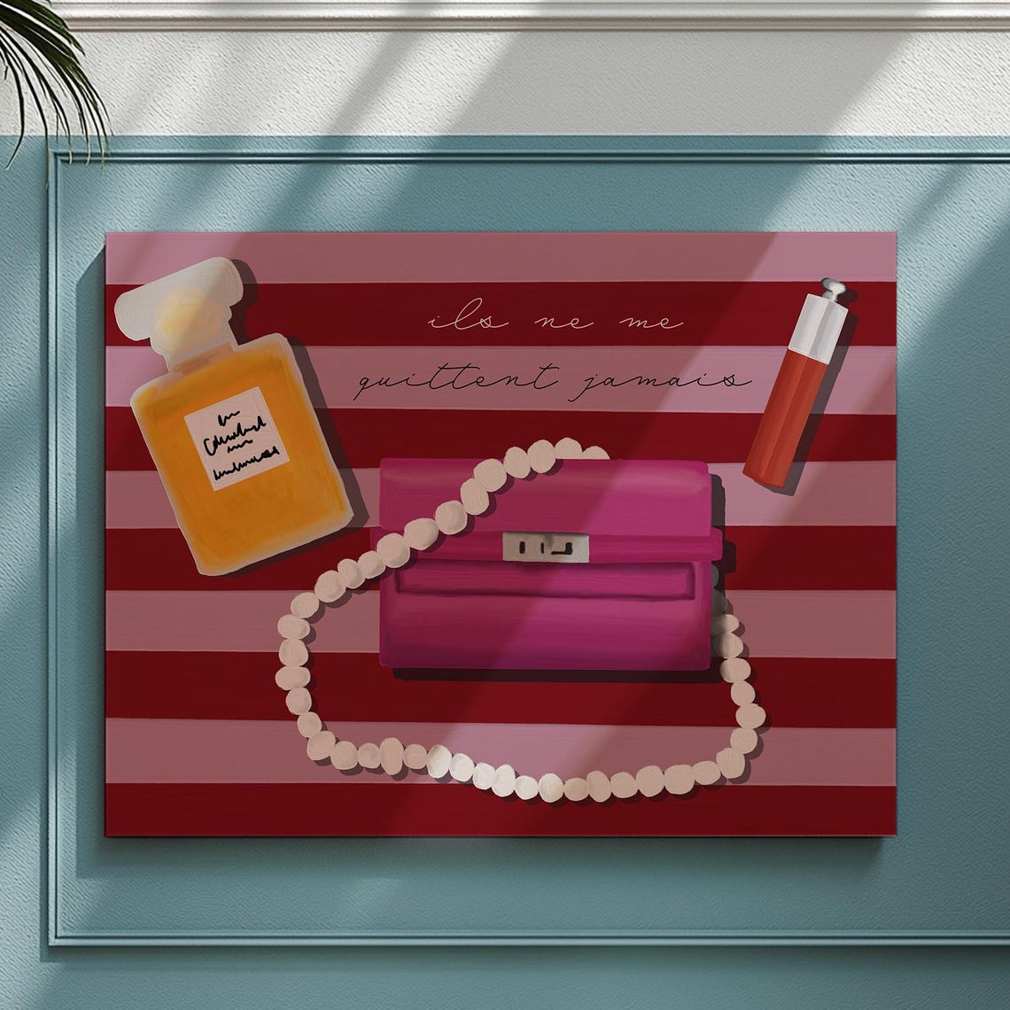 French Girly Poster Pink Pearls Perfume Handbag Trippy Striped Decor