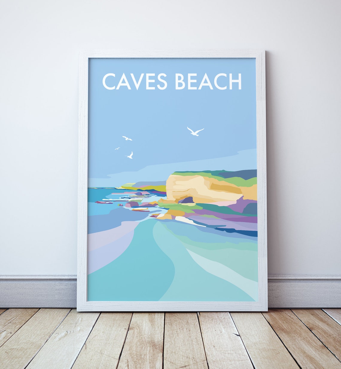 Caves Beach Rocky Cliffs Turquoise Shoreline Australia Travel Poster