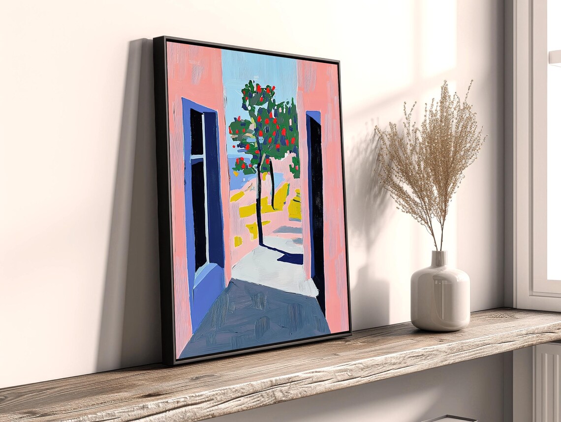 Mediterranean Coastal Alley Painting Pink Walls Blue Doors Sea Poster - Image 2