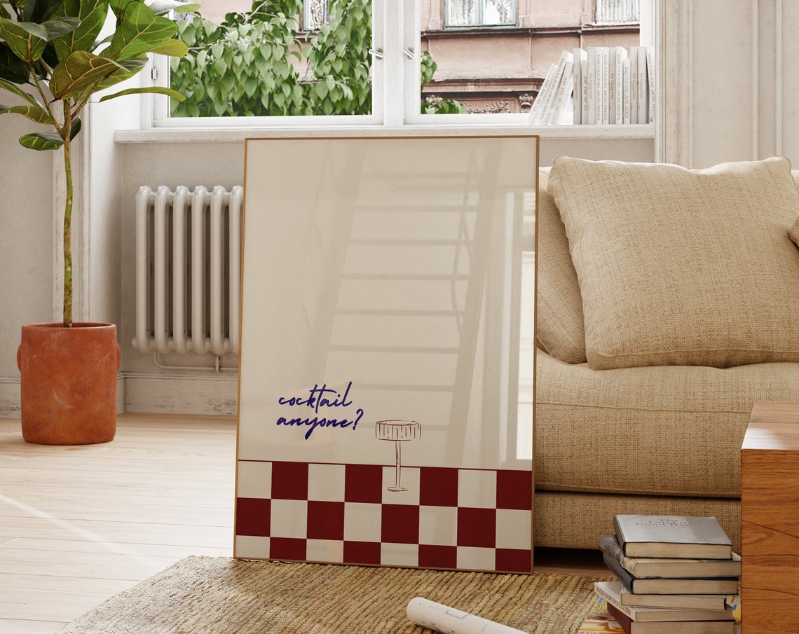 Cocktail Anyone Minimalist Red Checkered Bar Cart Decor Wall Art