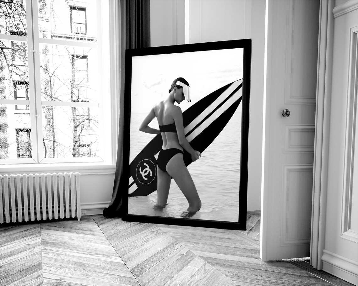 Surfboard Bikini Chanel Logo Black White Beach Fashion Poster - Image 3