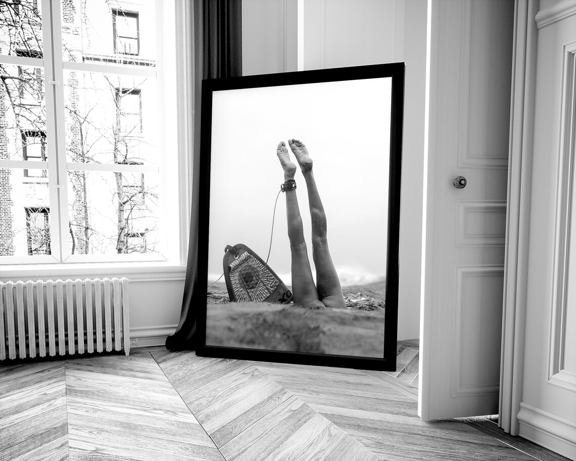 Surfer Girl Wipeout Legs Up With Surfboard Black and White Poster - Image 2