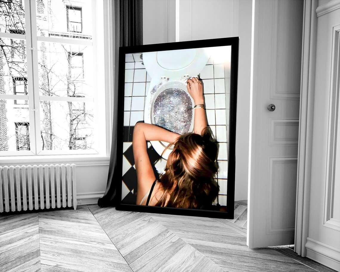 Girl In A Toilet Drinking Vintage Bathroom Poster - Image 2
