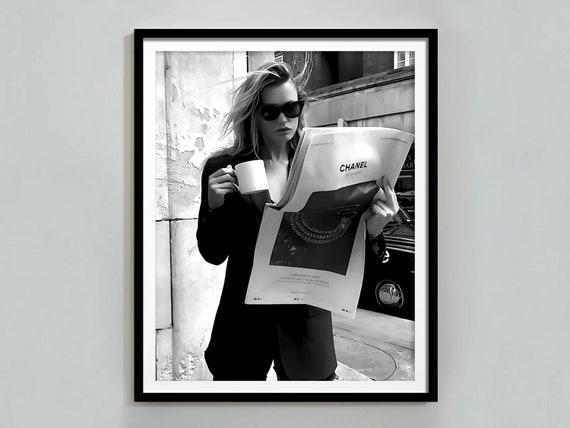 Woman Reading Newspaper Print Luxury Fashion Poster Black And White Photo Kitchen Wall Art Coffee Bar Decor