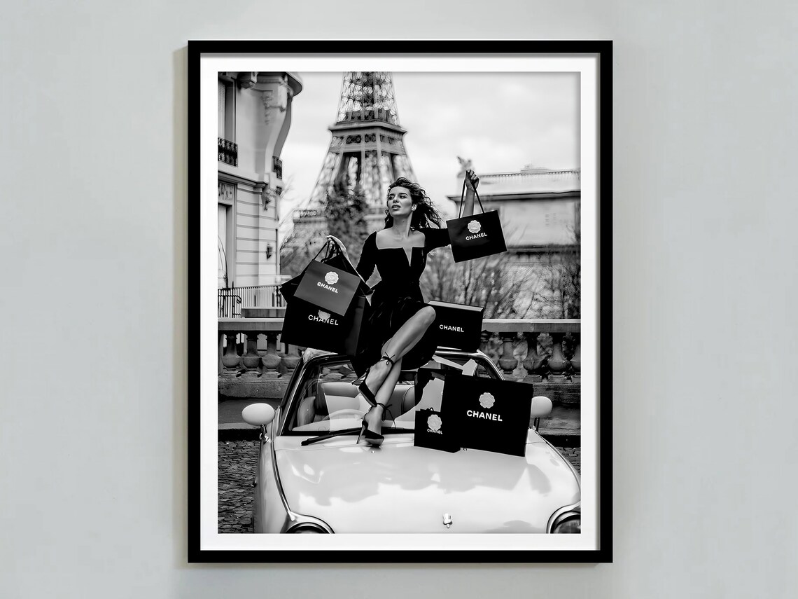 Chanel Shopping Paris Eiffel Tower Black White Fashion Photo Poster