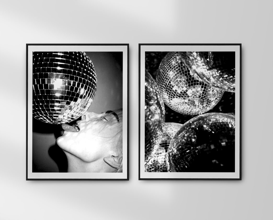 Disco Ball Close Up Black White Sparkle Nightlife Photo Poster - Image 2