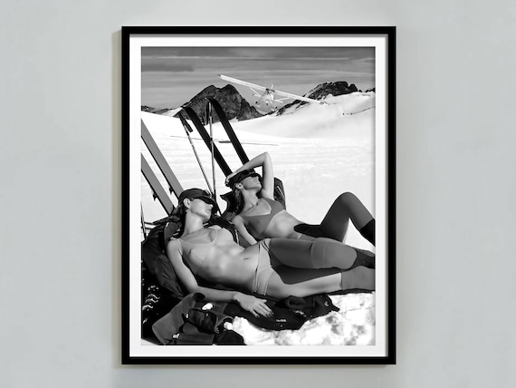 Vintage Bikini Ski Girls Black and White Ski Poster